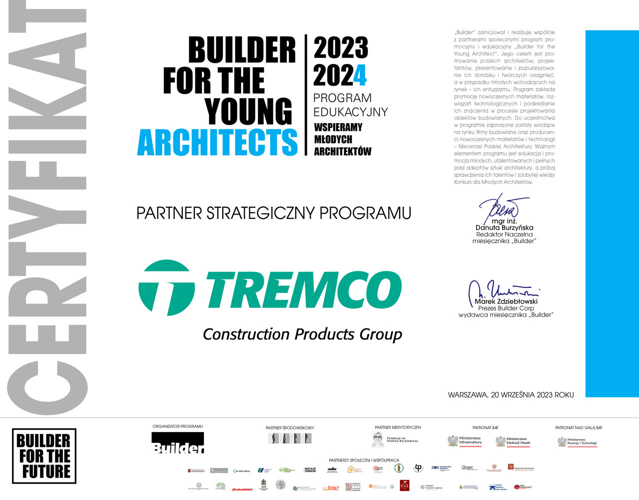 Tremco CPG Poland partnerem strategicznym programu  „Builder For The Young Architects”